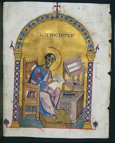 Blad uit een lectionarium met St. Lucas, 1057-1063 door Byzantine