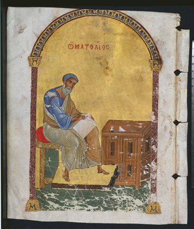 Blad uit een lectionarium met St. Mattheüs, 1057-1063 door Byzantine