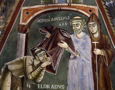 Sint Eldrad keert terug van Santiago de Compostela en ontvangt religieuze kleding van abt van Novalesa, Verhalen uit het leven van Sint Eldrad, Romaanse fresco, Byzantijnse stijl, Kapel van Sint Eldrad en Sint Nicolaas, Abdij van Novalesa, Piëmont, Italië door Byzantine