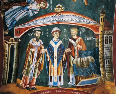Sint Nicolaas gewijd tot bisschop van Myra, (detail) uit de Verhalen van Sint Nicolaas, Romaanse fresco, Byzantijnse stijl, eind 11e eeuw, Kapel van Sint Eldrad en Sint Nicolaas, Novalesa Abdij, Piëmont, Italië door Byzantine