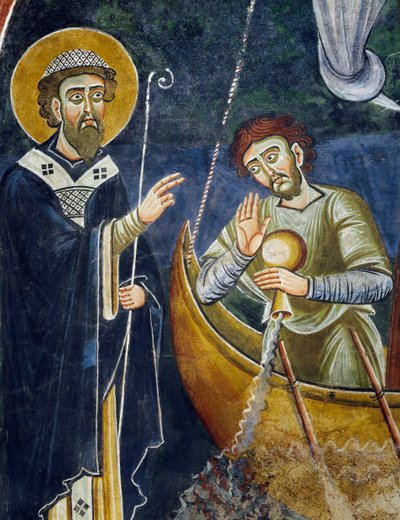 Sint Nicolaas redt pelgrims van schipbreuk, (detail) uit de Verhalen van Sint Nicolaas, Romaanse fresco, Byzantijnse stijl, eind 11e eeuw, Kapel van Sint Eldrad en Sint Nicolaas, Novalesa Abdij, Piëmont, Italië door Byzantine
