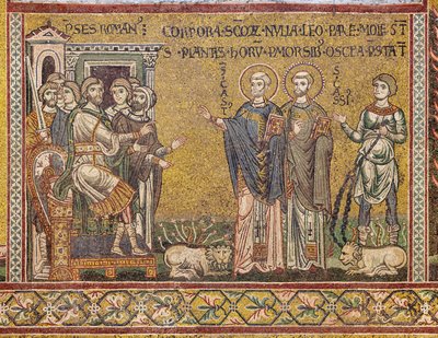 St. Cassius en St. Casto voor de keizer, Byzantijns mozaïek, XII-XIII eeuw, op de tegengevel (mozaïek) door Byzantine