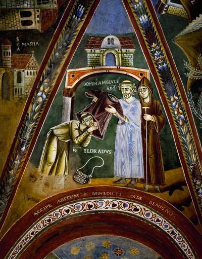 St Nicola, verhalen uit het leven van St Eldrad en St Nicolaas, St Eldrado naar St Jacobus van Compostela: ontvangt een monastieke gewoonte van de abt van Novalesa (detail) door Byzantine
