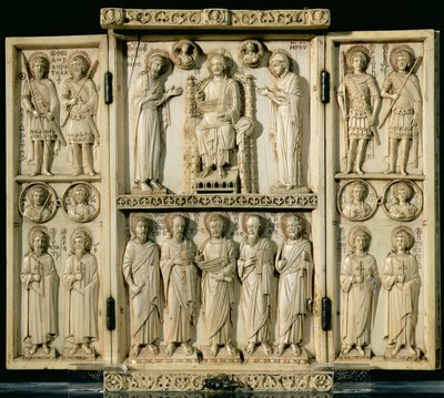 Het Harbaville Drieluik met Christus op de Troon met de Maagd en St. Johannes de Doper, andere panelen met heiligen, uit Constantinopel door Byzantine