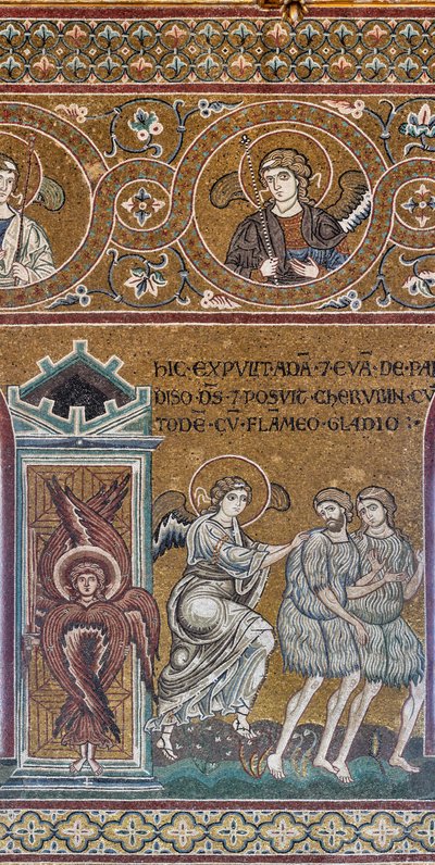 De verdrijving uit het Aards Paradijs, Byzantijns mozaïek, Oude Testament Cyclus-Aards Paradijs, XII-XIII eeuw (mozaïek) door Byzantine