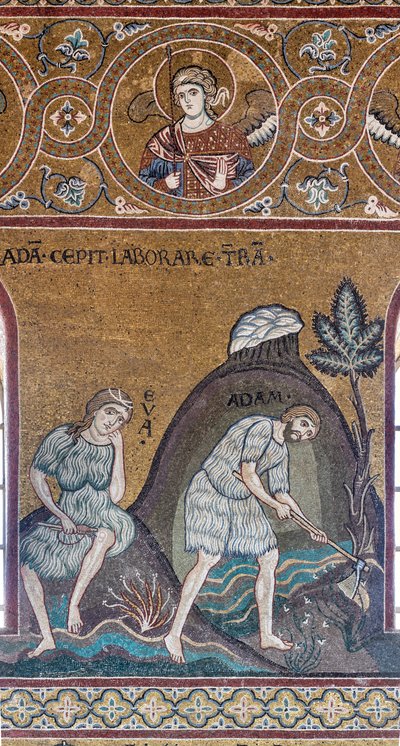 De werken van Adam en Eva, Byzantijns mozaïek, Oude Testament Cyclus-Aards Paradijs, XII-XIII eeuw (mozaïek) door Byzantine