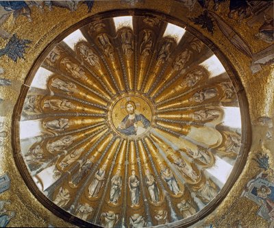 Turkije, Istanbul, Kerk van de Heilige Verlosser in Chora (Karyie Camii). Zuidelijke koepel van de narthex met Christus in het midden. Byzantijnse kunst gerealiseerd tussen 1315 en 1321. door Byzantine