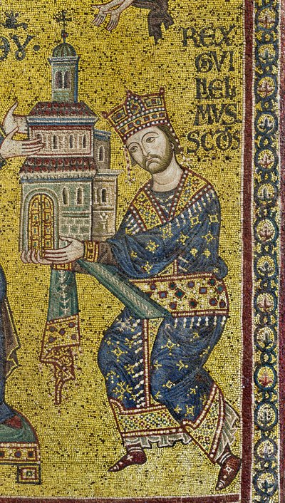 Transept: het Byzantijnse mozaïek dat koning Willem II afbeeldt die de kathedraal aan de Maagd Maria aanbiedt, detail door Byzantine