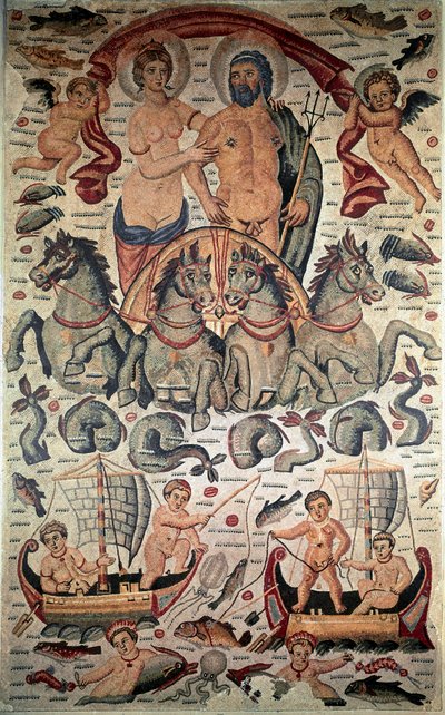 Byzantijnse kunst: Triomf van Neptunus en Amphitrite. Neptunus en Amphitrite naakt op een tank getrokken door vier zeepaarden. Mozaïek van de 3e eeuw door Byzantine Byzantine
