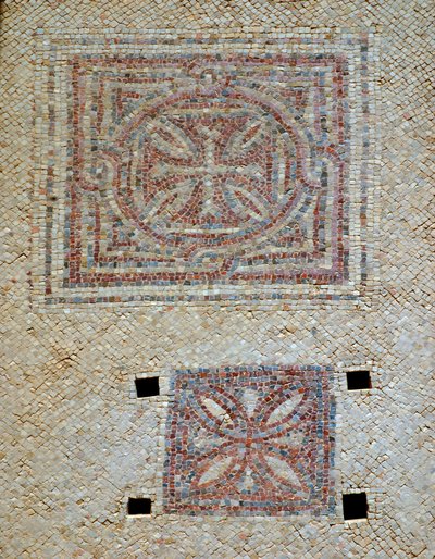 Detail van kruisen uit de mozaïekvloer van de Byzantijnse kerk in Shoham, Israël, ca. 5e eeuw AD (mozaïek) door Byzantine Byzantine