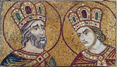 De Romeinse keizer Constantijn I, met Sint-Helena, zijn moeder (mozaïekdetail) door Byzantine Byzantine