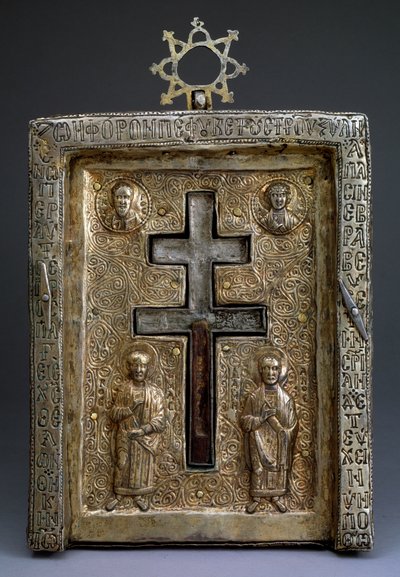 Vergulde zilveren staurothek Kruisrelikwie, Byzantijns, 12e eeuw door Byzantine Byzantine