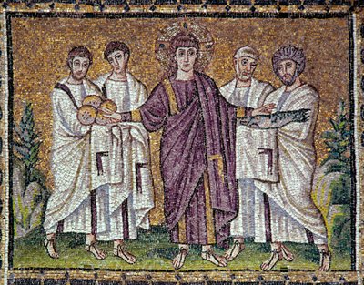 Byzantijnse kunst: De vermenigvuldiging van brood en vis (mozaïek) door Byzantine School