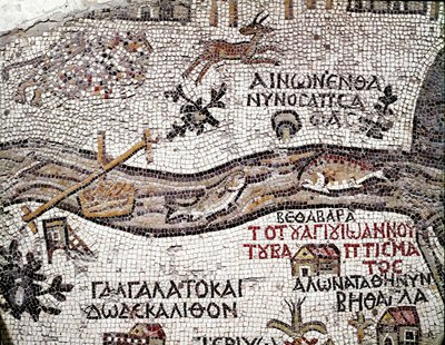 Byzantijnse kunst: oudste kaart van Palestina. Detail met de rivier de Jordaan en zijn monding in de Dode Zee. Mozaïek uit de 6e eeuw. Madaba, Kerk van St. George door Byzantine School