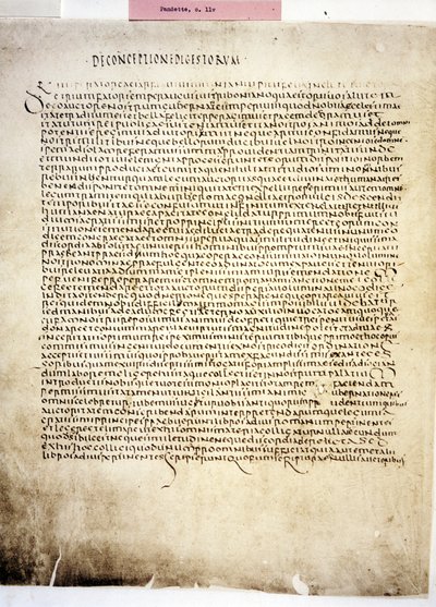 CORPUS JURIS CIVILIS: Een pagina van de Codex Iustinianus, Digestum., 6e eeuw (manuscript) door Byzantine School