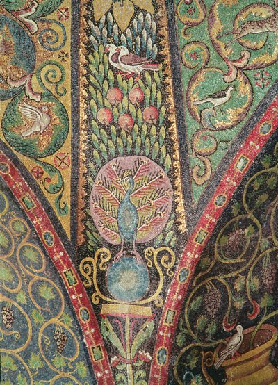 Detail van het gewelf met vogels en een pauw door Byzantine School