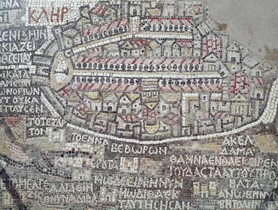 Detail van een Byzantijns mozaïek dat de stad Jeruzalem afbeeldt door Byzantine School