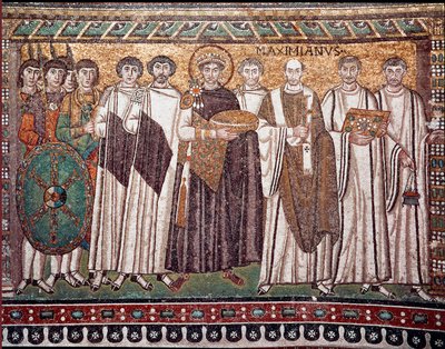 Keizer Justinianus I en zijn gevolg van ambtenaren, bewakers en geestelijken, ca. 547 na Chr. door Byzantine School