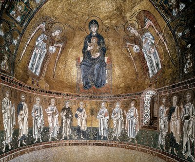 Getroonde Maagd met aartsengelen en apostelen door Byzantine School