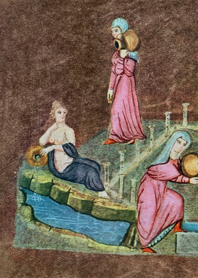 Rebecca en Eliezer bij de bron, uit de Wenen Genesis door Byzantine School