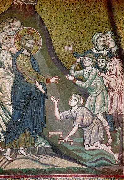 Jezus geneest de kreupelen en de blinden (mozaïek) door Byzantine School