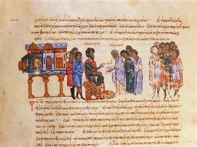 MMS Vitr 26-7 Ambassadeur uit Kiev gestuurd door Koning Vladimir (978-1015) wordt verteld over het christendom door een Byzantijnse bisschop, uit de Madrid Skylitzes door Byzantine School