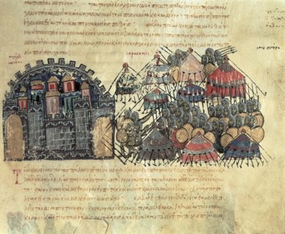 Byzantijnen belegeren Messina, uit de Madrid Skylitzes door Byzantine School