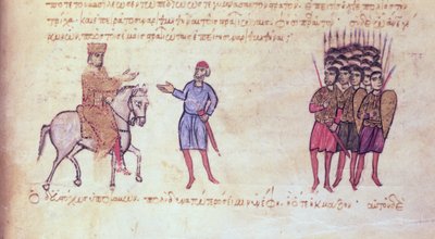 MMS Vitr 26-7 Het Byzantijnse leger verjaagt de Bulgaren van de Tzar Krum, uit de Madrid Skylitzes door Byzantine School