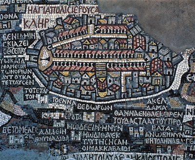 Madaba mozaïek kaart (Kaart van het Heilige Land), 560, mozaïek in Grieks Orthodoxe Basiliek van St George, Madaba, Jordanië, Byzantijnse beschaving, 6e eeuw (mozaïek) door Byzantine School