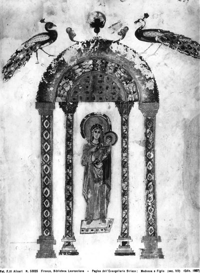 Madonna en Kind, folio uit de Rabula-evangeliën, 586 AD door Byzantine School
