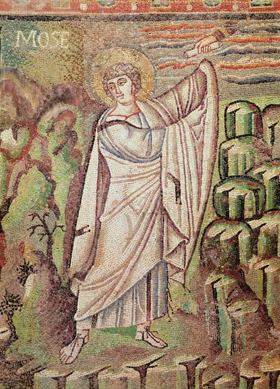Mozes op de berg Sinaï, figuur boven de lunet die de Gastvrijheid van Abraham en het Offer van Isaak uitbeeldt, 6e eeuw (mozaïek) (detail) door Byzantine School