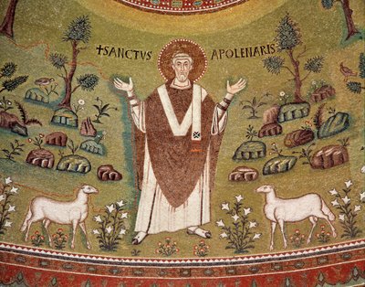 Portret van Apollinaris van Ravenna, eerste bisschop van Ravenna en Classe (detail van mozaïek) door Byzantine School