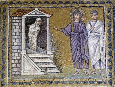 Opstanding van Lazarus, muurschildering mozaïek in de kerk van Sint Apollinaris, Ravenna, 6e eeuw door Byzantine School