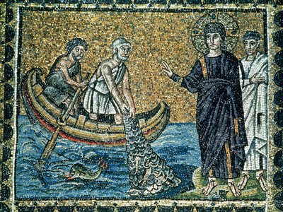 St. Andreas en St. Petrus reageren op de roep van Jezus, uit het hoofdschip door Byzantine School