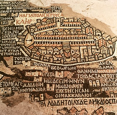 De Stad Jeruzalem en de omgeving, detail van de Madaba mozaïekkaart, Byzantijns, 6e eeuw door Byzantine School