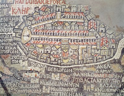 De Stad Jeruzalem en het omliggende gebied, detail van de Madaba mozaïekkaart, Byzantijns, 6e eeuw door Byzantine School
