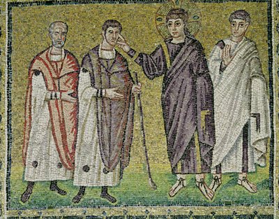 De genezing van twee blinden uit Jericho, scènes uit het leven van Christus (mozaïek) door Byzantine School