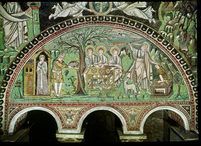 De Gastvrijheid van Abraham en het Offer van Isaac, 6e eeuw (mozaïek) door Byzantine School