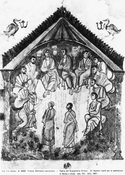 De apostelen verzameld voor de vervanging van Judas door Matthias, folio uit de Rabula-evangeliën door Byzantine School