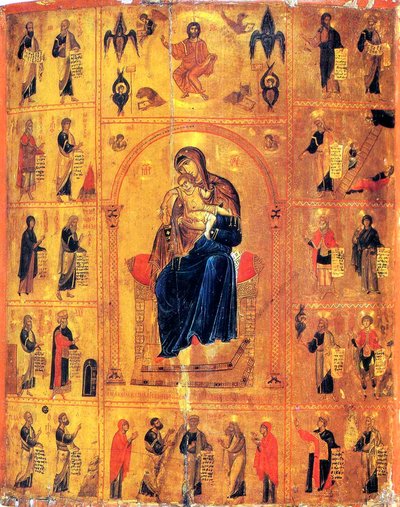 Maagd en kind met heiligen, begin 12e eeuw door Byzantine icon.