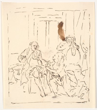 Een vrouw knielt voor een zittende man. Op de achtergrond een huilende vrouw die zich aan een stoel vasthoudt. Theaterscène? door C.A. Lorentzen
