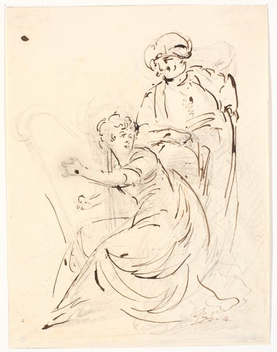 Harpspelende dame. Achter haar een man met tulband door C.A. Lorentzen