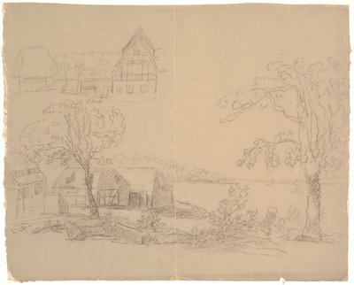 Landschap met boerderij bij een meer. Linksvoor een boerderij door C.A. Lorentzen