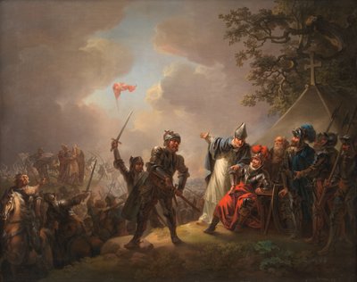 De legende van de Deense vlag (de Dannebrog) die uit de hemel viel tijdens de Slag bij Lyndanise (Tallin) in Estland in 1219 door C.A. Lorentzen