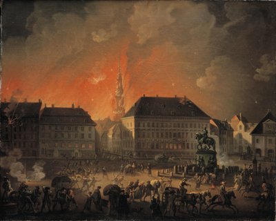 De verschrikkelijkste nacht. Uitzicht op Kongens Nytorv in Kopenhagen tijdens het Engelse bombardement van Kopenhagen in de nacht van 4 op 5 september 1807 door C.A. Lorentzen