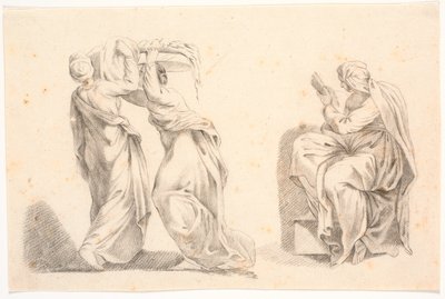 Twee vrouwen in klassieke gewaden die een mand dragen en een sibille naar Michelangelo door C.A. Lorentzen