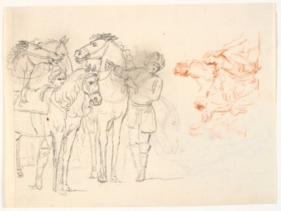 Twee schetsen. Links een potloodschets met paarden en twee mannen. Rechts een roodkrijtschets met een figuurgroep door C.A. Lorentzen