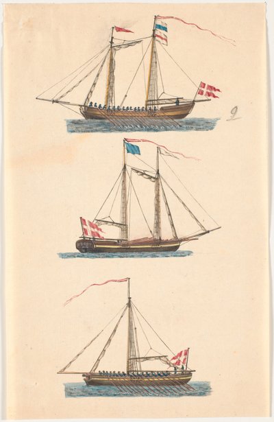 Drie Marineschepen met Deense Vlaggen. Roeiboten door C.A. Lorentzen