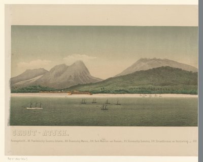 Gezicht op de kust van Groot-Atjeh, met voor de kust de vloot van de Eerste Atjeh-expeditie, derde deel door C.A. Whitten