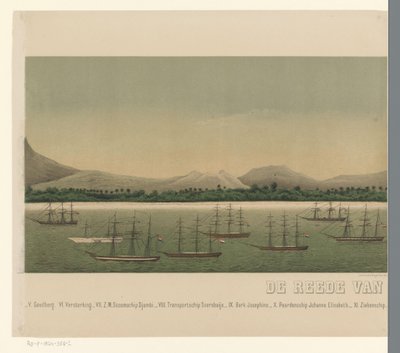Gezicht op de kust van Groot-Atjeh, met voor de kust de vloot van de Eerste Atjeh-expeditie, tweede deel door C.A. Whitten